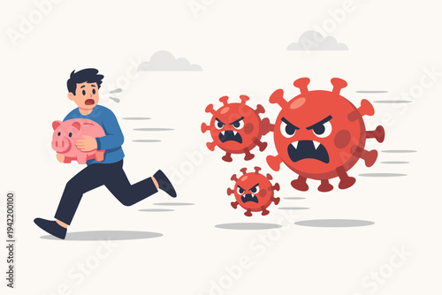 Scared Man Holding Piggy Bank Running Away from Angry COVID-19 Virus Characters, Concept of Economic Crisis, Financial Impact of Coronavirus Pandemic, Protecting Savings and Money in Recession