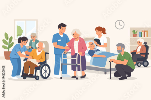 Flat vector illustration of a nursing home where medical staff assist elderly people with disabilities. Senior citizens using wheelchairs, walkers, and canes in a professional care facility room.