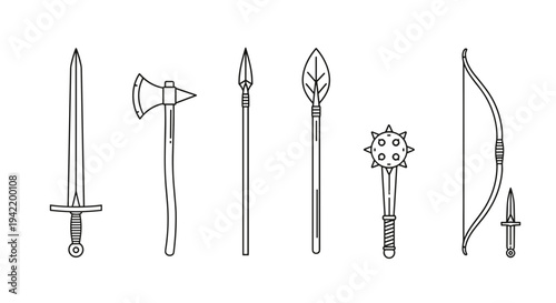 A set of medieval weapons including a sword, axe, spear, javelin, mace, and bow