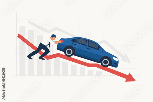 Businessman Pushing a Blue Car Down a Red Declining Financial Arrow Graph Representing Automobile Depreciation, Car Market Crash, Economic Downturn, and Automotive Industry Financial Loss