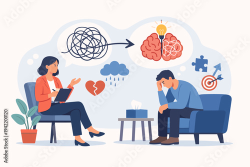 Mental health therapy session vector illustration with a psychologist counselor helping a distressed male patient to solve psychological problems, find clarity, and achieve emotional wellness.
