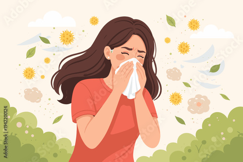 Flat Vector Illustration of a Woman Sneezing into a Tissue Due to Seasonal Allergies, Hay Fever, and Pollen Inhalation Outdoors with Dust and Leaves in the Air for Medical and Health Concept.