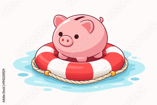Cute Pink Piggy Bank Sitting on a Red and White Lifebuoy Floating on Water, Vector Illustration Representing Financial Safety, Emergency Fund Savings, Investment Protection, and Economic Rescue.