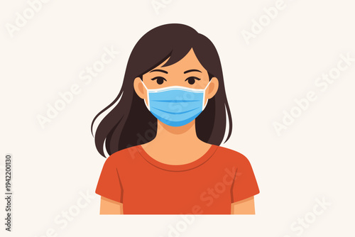 Vector illustration of a young woman wearing a blue surgical face mask for protection against viruses and air pollution. Simple flat design of a female character in an orange shirt, isolated.