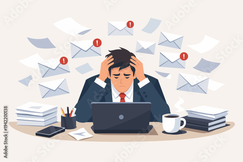 Stressed businessman sitting at office desk overwhelmed by email overload and work pressure, flat vector illustration of professional burnout, anxiety, and information overload at the workplace.