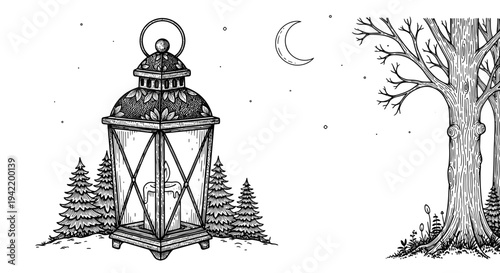 A minimalist vector illustration of a lantern and tree in a serene forest under a crescent moon