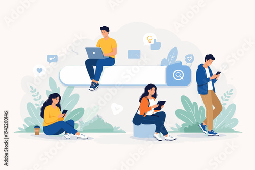 People using mobile devices like laptops, smartphones, and tablets around a giant search bar. Flat vector illustration for online search engine, digital communication, and social media concept.