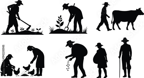 Farmer and agriculture worker silhouettes collection featuring planting, digging, seeding, livestock care, rural lifestyle, farming activities, isolated black vector illustration set