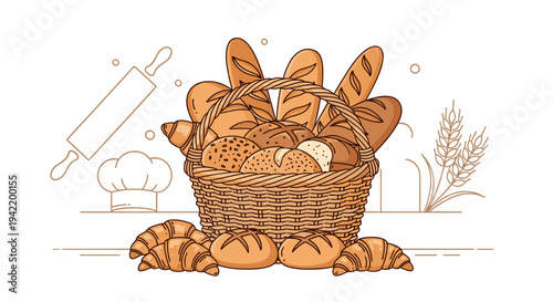 A vector illustration of a wicker basket filled with various types of bread and pastries on a table with baking utensils.