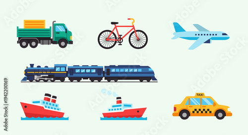 A colorful vector graphic illustration of various transportation modes including truck, airplane, bicycle, train, ship, boat, and taxi.