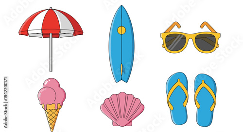 A colorful vector graphic illustration of summer beach icons including umbrella, surfboard, sunglasses, ice cream, shell, and flip flops