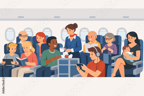 Flat vector illustration of diverse passengers in an airplane cabin, featuring a flight attendant serving coffee, people reading, using tablets, listening to music, and a mother with a baby.