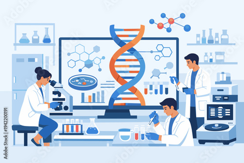 Scientists in a modern medical laboratory researching DNA molecular structure with advanced equipment, microscope, and digital screen displaying genetic data for biotechnology and healthcare.