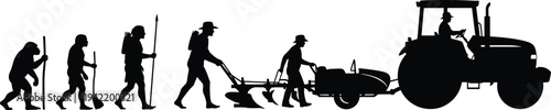 Human evolution to modern farmer silhouette concept featuring primate progression, agricultural development, tractor plowing field, farming technology advancement, isolated black vector illustration