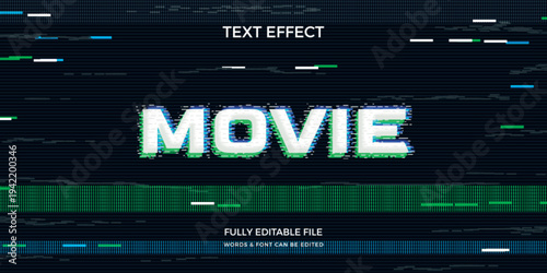 Glitch word text effect, editable text style theme with movie title