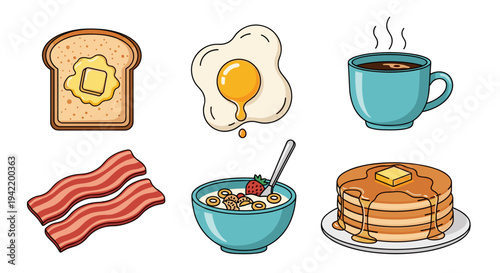 A colorful vector illustration of a breakfast spread including toast, egg, coffee, bacon, oatmeal, and pancakes.