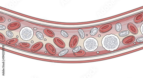 A detailed illustration of blood cells flowing through a blood vessel in a medical concept