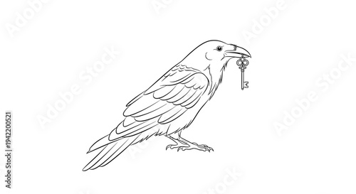 A minimalist line art illustration of a bird holding a key in its beak