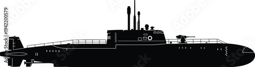 Military submarine silhouette side view featuring naval underwater vessel, maritime defense technology, army navy fleet equipment, isolated black vector illustration
