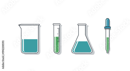 A set of laboratory glassware including beakers and test tubes in a flat vector illustration