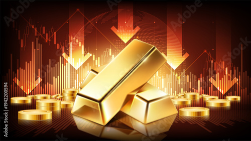 Gold bars with red downward financial graph. Concept of falling gold market price, economic crisis, and investment loss, vector illustration