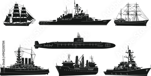 Naval ships and maritime vessel silhouettes collection featuring warships, submarine, battleship, cargo ship, sailing boats, marine transport, military navy fleet, isolated black vector set