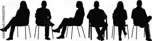People sitting on chairs silhouette collection featuring men and women in waiting poses, audience members, interview candidates, isolated black figures set