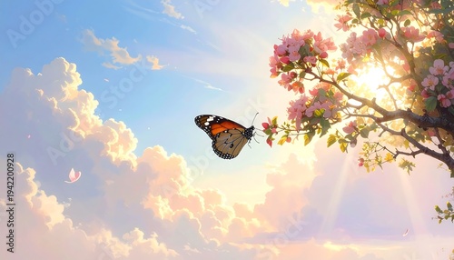 Dreamy sky with a butterfly near a flowering tree at warm sunset light