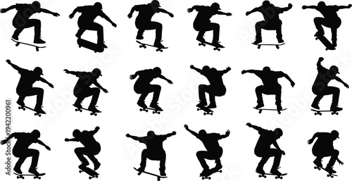 Skateboarder silhouette trick sequence set featuring jumping skater poses, extreme sport action, urban street culture, freestyle skateboarding activity, isolated black vector collection