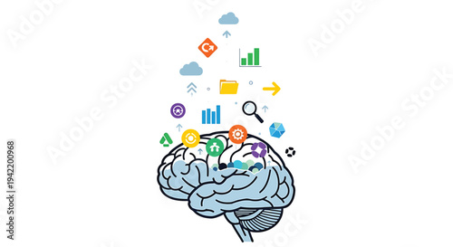 Vector illustration of brain with colorful business icons