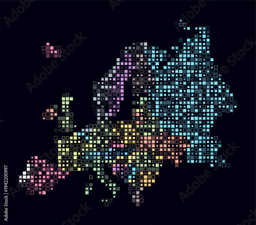 Europe, shape of the continent build of colored cells. Digital style map of the Europe on dark background. Small size square blocks. Awesome vector illustration.