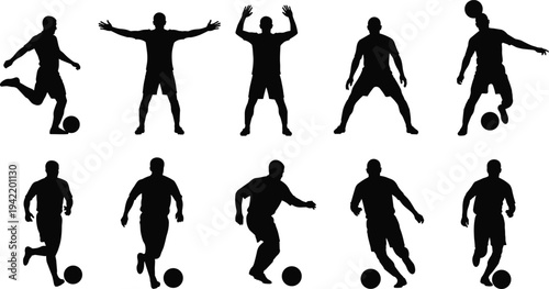 Soccer player silhouettes collection showing dribbling, running, ball control and football action poses isolated on white background, sport movement reference set