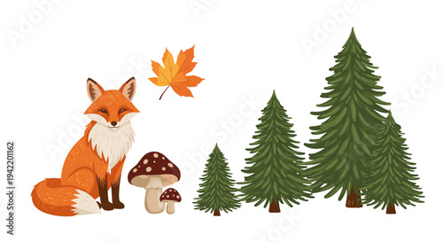 A colorful vector illustration of a fox sitting in a forest with trees and mushrooms