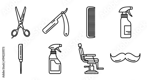 A set of barber shop icons including scissors, razors, and grooming tools in a minimalist flat design style