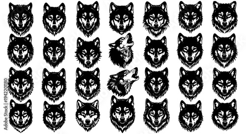 Collection of striking black and white hand drawn wolf head illustrations featuring various fierce expressions and one howling profile perfect for tattoo design concepts.