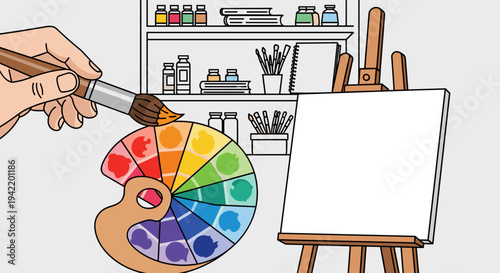A hand holding a paintbrush and color palette in front of an easel and art supplies