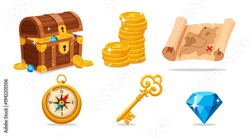 A colorful vector illustration of treasure hunting icons including a chest, coins, map, compass, key, and diamond.