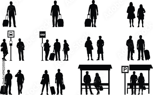 Traveler and commuter silhouettes collection featuring people with luggage at bus stops, public transport passengers isolated on white background