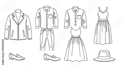 A minimalist vector illustration of various clothing items and accessories