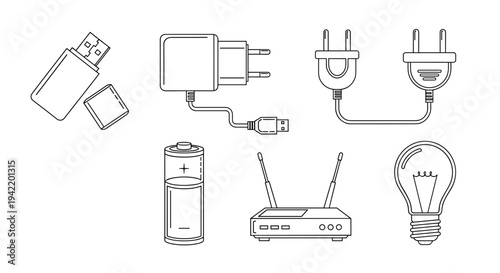 A set of electrical icons including a battery, router, and light bulb in a minimalist line art style