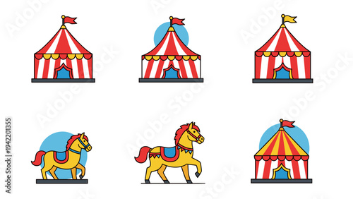 A colorful illustration of circus tents and horses in a flat, minimalist design style