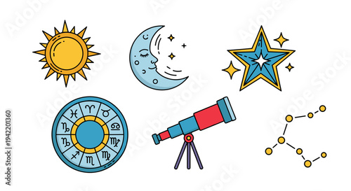 A colorful vector graphic illustration of astronomy symbols and icons, including a sun, moon, star, telescope, and constellations.