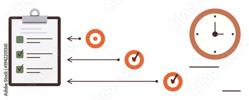 Task organization, project planning, workflow management, time management, productivity, efficiency. Visual showing a checklist, progress indicators and a clock. Task organization and time