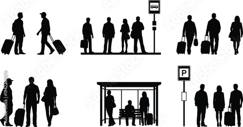 Travelers silhouettes at bus stop with luggage and transport signs, public transportation passenger travel black vector illustration isolated on white background