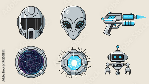 A set of six futuristic space icons including an alien head, robot, and laser gun in a flat minimal design style.
