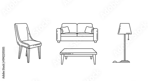 A minimalist line art illustration of a living room with a chair, sofa, coffee table, and lamp