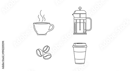 A minimalist vector graphic illustration of various coffee related items