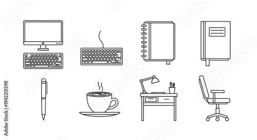 A minimalist office workspace vector graphic with computer, keyboard, and chair