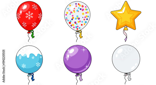 A colorful illustration of six balloons in various designs and colors floating on a white background