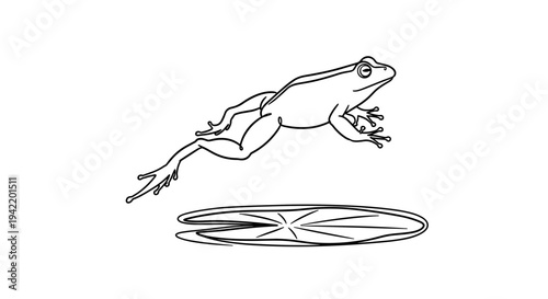 A minimalist vector illustration of a frog jumping over a circular object in a simple line art style